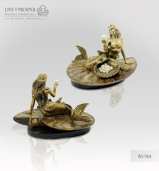 Bronze Mermaid and seahorse with River and Sea Pearls on Ammonite dolerite base Бронзовая Русалочка и Морской конёк с Речным и Морским Жемчугом на Аммоните подставка из долерита. Подарок на свадьбу подарок на новоселье Edit alt text