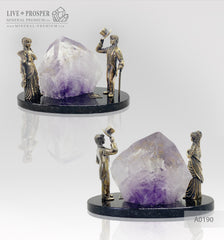 Bronze figures of Gentleman and lady with amethyst on a dolerite plate Бронзовые Amethyst wedding anniversary джентльмен и дама с аметистом на пластине из долерита Аметистовая свадьба