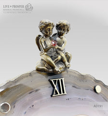 Clock with a bronze cupid figures with garnet heart on agate plate Часы с бронзовыми купидонами и сердцем из граната на пластине из агата  Mineral Premium минерал Премиум Wedding gift Подарок на свадьбу 