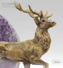 Bronze deer figure with agate geode amethyst druze on a dolerite plate Бронзовый олень с агата жеода аметистовой друзой на пластине из долерита Mineral premium Минерал премиум подарок для руководителя кабинетная скульптура 