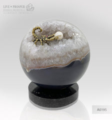 Mineral premium Silver figure of scorpion inside geode agate amethyst sphere with sea pearl and Swarovski inserts on dolerite plate Серебряный скорпион внутри жеоды аметиста агатовой сферы с морской жемчужиной и вставками из Сваровски на пластине из долерита Минерал премиум подарок руководителю подарок скорпионам 