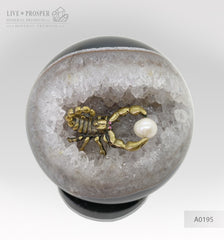 Mineral premium Silver figure of scorpion inside geode agate amethyst sphere with sea pearl and Swarovski inserts on dolerite plate Серебряный скорпион внутри жеоды аметиста агатовой сферы с морской жемчужиной и вставками из Сваровски на пластине из долерита Минерал премиум подарок руководителю подарок скорпионам 