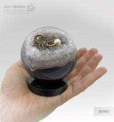 Mineral premium Silver figure of scorpion inside geode agate amethyst sphere with sea pearl and Swarovski inserts on dolerite plate Серебряный скорпион внутри жеоды аметиста агатовой сферы с морской жемчужиной и вставками из Сваровски на пластине из долерита Минерал премиум подарок руководителю подарок скорпионам 