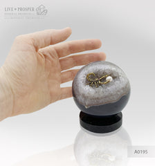 Mineral premium Silver figure of scorpion inside geode agate amethyst sphere with sea pearl and Swarovski inserts on dolerite plate Серебряный скорпион внутри жеоды аметиста агатовой сферы с морской жемчужиной и вставками из Сваровски на пластине из долерита Минерал премиум подарок руководителю подарок скорпионам 