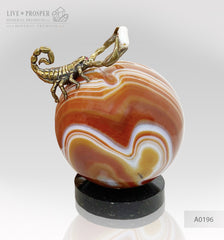 Bronze figure of a scorpion on agate geode amethyst sphere with sea pearl and Swarovski inserts on a dolerite plate Бронзовый скорпион на сфере агата жеоды аметиста с морской жемчужиной и вставками из Сваровски на пластине из долерита
