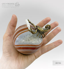 Mineral premium Silver figure of scorpion inside geode agate amethyst sphere with sea pearl and Swarovski inserts on dolerite plate Серебряный скорпион внутри жеоды аметиста агатовой сферы с морской жемчужиной и вставками из Сваровски на пластине из долерита Минерал премиум подарок руководителю подарок скорпионам 