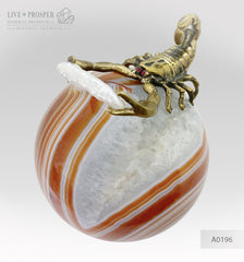 Mineral premium Silver figure of scorpion inside geode agate amethyst sphere with sea pearl and Swarovski inserts on dolerite plate Серебряный скорпион внутри жеоды аметиста агатовой сферы с морской жемчужиной и вставками из Сваровски на пластине из долерита Минерал премиум подарок руководителю подарок скорпионам 