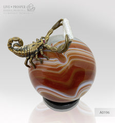 Mineral premium Silver figure of scorpion inside geode agate amethyst sphere with sea pearl and Swarovski inserts on dolerite plate Серебряный скорпион внутри жеоды аметиста агатовой сферы с морской жемчужиной и вставками из Сваровски на пластине из долерита Минерал премиум подарок руководителю подарок скорпионам 
