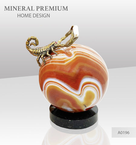 Bronze figure of a scorpion on agate geode amethyst sphere with sea pearl A0196