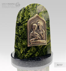 Weding gift bronze overlay of the icon figures of Peter and Fevronia with serpentinite Бронзовая иконка Петра и Февронии на змеевике подарок молодоженам на свадьбу 