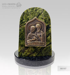 Weding gift bronze overlay of the icon figures of Peter and Fevronia with serpentinite Бронзовая иконка Петра и Февронии на змеевике подарок молодоженам на свадьбу 