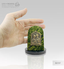 Weding gift bronze overlay of the icon figures of Peter and Fevronia with serpentinite Бронзовая иконка Петра и Февронии на змеевике подарок молодоженам на свадьбу 