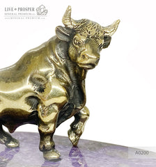Bronze bull figure with charoite base on a handmade wooden stand Бронзовый бык на срезе из чароита и деревянной подставки ручной работы   Символ года 2021 2021 год быка Подарок на новый год что подарить в год быка 
