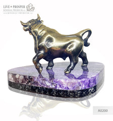 Bronze bull figure with charoite base on a handmade wooden stand Бронзовый бык на срезе из чароита и деревянной подставки ручной работы   Символ года 2021 2021 год быка Подарок на новый год что подарить в год быка 