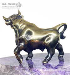 Bronze bull figure with charoite base on a handmade wooden stand Бронзовый бык на срезе из чароита и деревянной подставки ручной работы   Символ года 2021 2021 год быка Подарок на новый год что подарить в год быка 