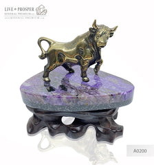 Bronze bull figure with charoite base on a handmade wooden stand Бронзовый бык на срезе из чароита и деревянной подставки ручной работы   Символ года 2021 2021 год быка Подарок на новый год что подарить в год быка 