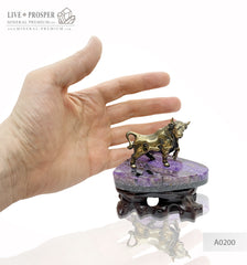 Bronze bull figure with charoite base on a handmade wooden stand Бронзовый бык на срезе из чароита и деревянной подставки ручной работы   Символ года 2021 2021 год быка Подарок на новый год что подарить в год быка 