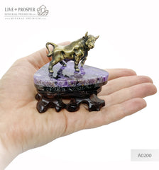 Bronze bull figure with charoite base on a handmade wooden stand Бронзовый бык на срезе из чароита и деревянной подставки ручной работы   Символ года 2021 2021 год быка Подарок на новый год что подарить в год быка 