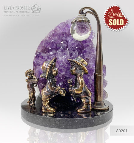 Wedding gift  Bronze cupid and sweethearts with agate geode amethyst A0201