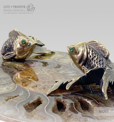 Bronze goldfish couple figures with demantoids inserts with ammonite A0203