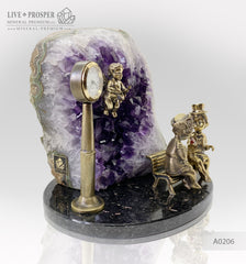Wedding gift подарок на свадьбу подарок на юбилей Bronze cupid and sweethearts on a bench with garnet heart and clock on geode agate amethyst druzy background on a dolerite plate Бронзовые амур и влюбленные на лавке с сердцем из граната и часами с агата жеодой аметистовой друзой на пластине из долерита Минерал премиум Mineral Premium