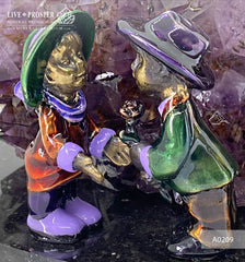 Bronze composition of cupid and sweethearts with a rose flower and street light within geode agate amethyst druzy background and amethyst sphere of amethyst on a dolerite plate Бронзовая композиция с амуром, влюблёнными c розой и уличным фонарём на фоне агата жеода аметистовой друзы и сферой из аметиста на пластине из долерита