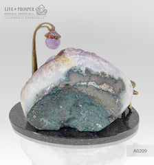Bronze composition of cupid and sweethearts with a rose flower and street light within geode agate amethyst druzy background A0209