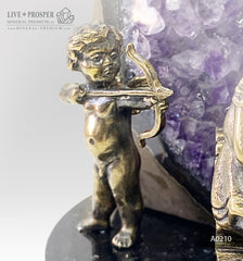 Bronze cupid and sweethearts with garnet heart and geode agate amethyst druzy background on a dolerite plate A0210