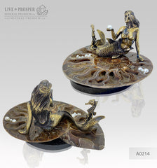 Bronze mermaid and seahorse with river and sea pearls on ammonite dolerite base Бронзовая русалочка и морской конёк с речным и морским жемчугом на аммоните подставка из долерита