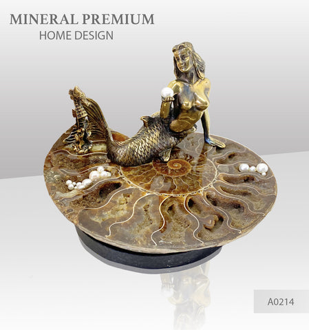 Bronze mermaid and seahorse with river and sea pearls on ammonite dolerite base A0214