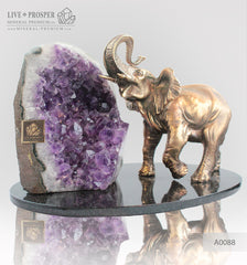 Bronze elephant Figure with Geode agate Amethyst on  Dolerite plate