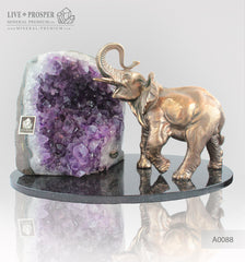 Bronze elephant Figure with Geode agate Amethyst on  Dolerite plate