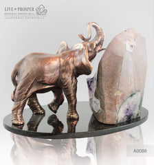 Bronze elephant Figure with Geode agate Amethyst on  Dolerite plate