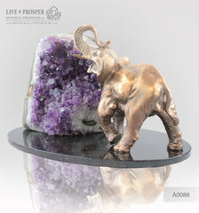Bronze elephant Figure with Geode agate Amethyst on  Dolerite plate