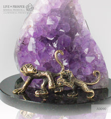 Bronze figure of Happy monkey Family with Agate amethyst Geodes on Dolerite plate