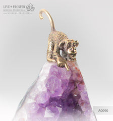 Bronze figure of Happy monkey Family with Agate amethyst Geodes on Dolerite plate