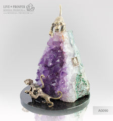 Bronze figure of Happy monkey Family with Agate amethyst Geodes on Dolerite plate