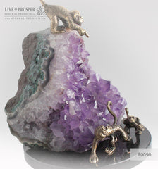 Bronze figure of Happy monkey Family with Agate amethyst Geodes on Dolerite plate