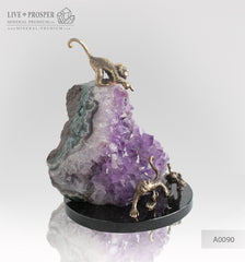 Bronze figure of Happy monkey Family with Agate amethyst Geodes on Dolerite plate