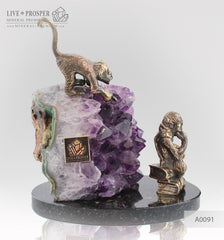 Bronze figure of monkey philosophy with agate amethyst geodes on dolerite plate A0091