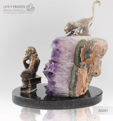 Bronze figure of monkey philosophy with agate amethyst geodes on dolerite plate A0091