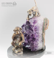 Bronze figure of monkey philosophy with agate amethyst geodes on dolerite plate A0091