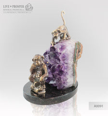 Bronze figure of monkey philosophy with agate amethyst geodes on dolerite plate A0091