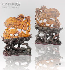 Gift  Solid tiger's eye carving of loving peacocks couple with flowers 