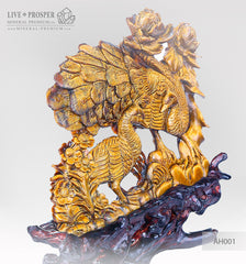 Gift  Solid tiger's eye carving of loving peacocks couple with flowers 