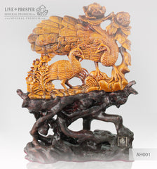Gift  Solid tiger's eye carving of loving peacocks couple with flowers 