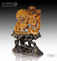 Solid Tiger's eye Carving of Loving peacocks Couple