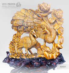 Gift  Solid tiger's eye carving of loving peacocks couple with flowers 