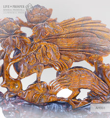 Solid Tiger's eye Carving of Loving peacocks Couple