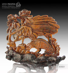 Solid Tiger's eye Carving of Loving peacocks Couple